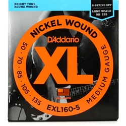 D'addario EXL1605 D'Addario EXL160-5 Nickel Wound Bass Guitar Strings - .050-.135 Medium Long Scale 5-string